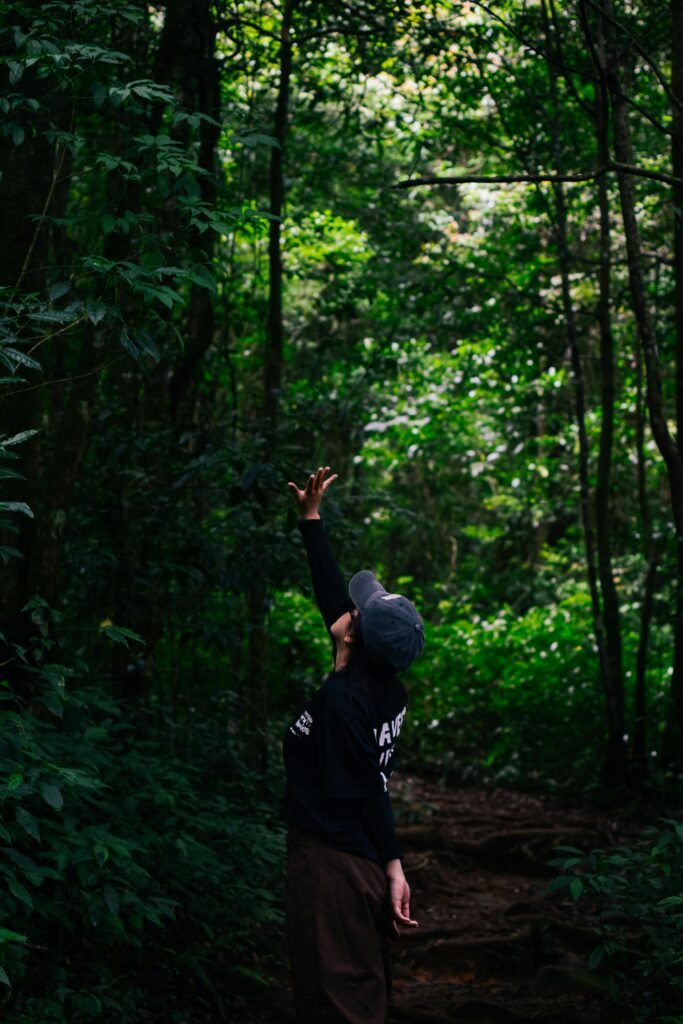 A person reaches upwards in a lush forest in Da Lat, Vietnam, conveying exploration.
